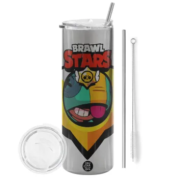 Brawl Stars Leon, Tumbler ποτήρι θερμό Ασημένιο από ανοξείδωτο ατσάλι 600ml, με μεταλλικό καλαμάκι & βούρτσα καθαρισμού