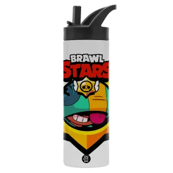 Brawl Stars Leon, Metallic thermos bottle with straw & handle, stainless steel (Stainless steel 304), double-walled, 600ml.