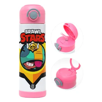 Brawl Stars Leon, Children's hot water bottle, stainless steel, with safety straw, PINK (500ml)