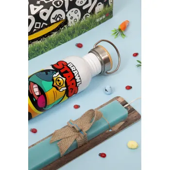 Brawl Stars Leon, Easter Set, metallic silver aluminum water bottle (500ml) & scented flat Easter candle (30cm) (TURQUOISE)