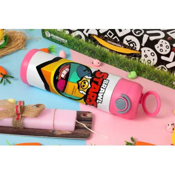 Brawl Stars Leon, Easter candle, Childrens hot water bottle, stainless steel, with safety straw, PINK (500ml)