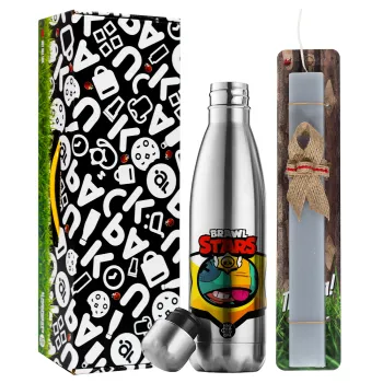 Brawl Stars Leon, Easter Set, metallic stainless thermos flask (500ml) & scented flat Easter candle (30cm) (GRAY)
