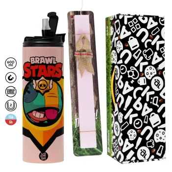 Brawl Stars Leon, Easter candle,Travel Tumbler 2 Lids, with metal straw & cleaning brush & aromatic flat candle (30cm) (PINK)