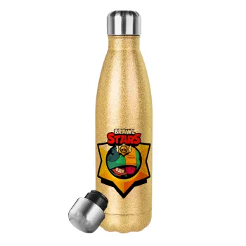 Brawl Stars Leon, Glitter gold stainless steel thermos bottle, double-walled, 500ml
