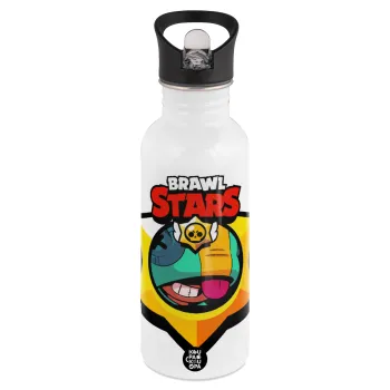 Brawl Stars Leon, White water bottle with straw, stainless steel 600ml