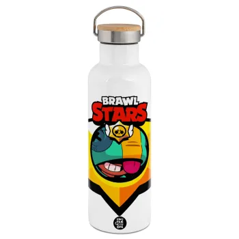 Brawl Stars Leon, Μεταλλικό παγούρι θερμός (Stainless steel) Λευκό με ξύλινο καπάκι (bamboo), διπλού τοιχώματος, 750ml