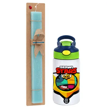 Brawl Stars Leon, Easter Set, Children's thermal stainless steel bottle with safety straw, green/blue (350ml) & aromatic flat Easter candle (30cm) (TURQUOISE)