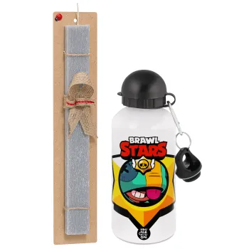 Brawl Stars Leon, Πασχαλινή Λαμπάδα με παγούρι μεταλλικό  αλουμινίου (500ml) & κερί αρωματικό πλακέ (30cm) (ΓΚΡΙ)