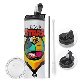 Brawl Stars Leon, Travel Tumbler θερμό με διπλό καπάκι, μεταλλικό καλαμάκι και βούρτσα καθαρισμού (Ανωξείδωτο 304 Food grade, BPA free, 600ml)