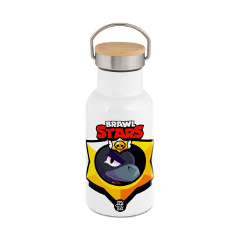 Brawl Stars Crow, Μεταλλικό παγούρι θερμός (Stainless steel) Λευκό με ξύλινο καπακι (bamboo), διπλού τοιχώματος, 350ml