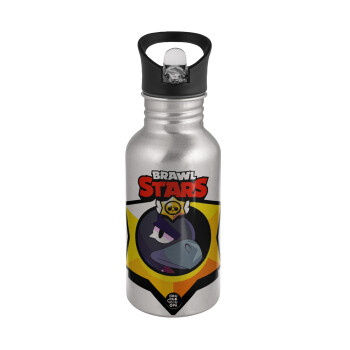 Brawl Stars Crow, Water bottle Silver with straw, stainless steel 500ml