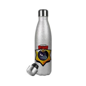 Brawl Stars Crow, Metallic Glitter Silver Thermos Flask (Stainless steel), double-walled, 500ml