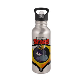 Brawl Stars Crow, Water bottle Silver with straw, stainless steel 600ml
