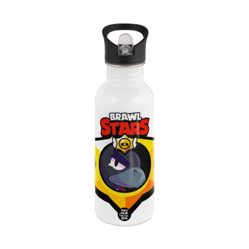 Brawl Stars Crow, White water bottle with straw, stainless steel 600ml