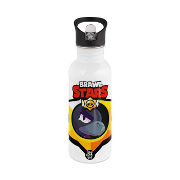Brawl Stars Crow, White water bottle with straw, stainless steel 600ml