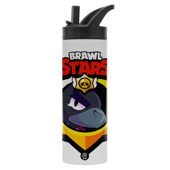 Brawl Stars Crow, Μεταλλικό παγούρι θερμός με καλαμάκι & χειρολαβή, ανοξείδωτο ατσάλι (Stainless steel 304), διπλού τοιχώματος, 600ml