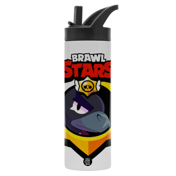 Brawl Stars Crow, Metallic thermos bottle with straw & handle, stainless steel (Stainless steel 304), double-walled, 600ml.