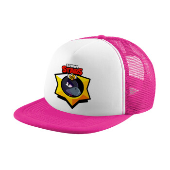 Brawl Stars Crow, Καπέλο παιδικό Soft Trucker με Δίχτυ Pink/White 