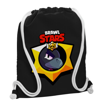 Brawl Stars Crow, Τσάντα πλάτης πουγκί GYMBAG Μαύρη, με τσέπη (40x48cm) & χονδρά λευκά κορδόνια