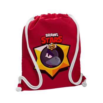 Brawl Stars Crow, Τσάντα πλάτης πουγκί GYMBAG Κόκκινη, με τσέπη (40x48cm) & χονδρά κορδόνια