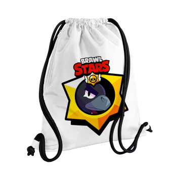 Brawl Stars Crow, Τσάντα πλάτης πουγκί GYMBAG λευκή, με τσέπη (40x48cm) & χονδρά κορδόνια