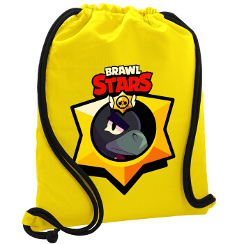Brawl Stars Crow, Τσάντα πλάτης πουγκί GYMBAG Κίτρινη, με τσέπη (40x48cm) & χονδρά κορδόνια