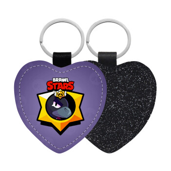 Brawl Stars Crow, Μπρελόκ PU δερμάτινο glitter καρδιά ΜΑΥΡΟ