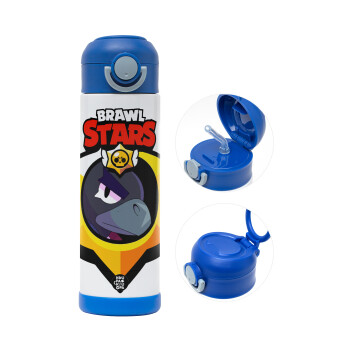 Brawl Stars Crow, Children's hot water bottle, stainless steel, with safety straw, BLUE (500ml)