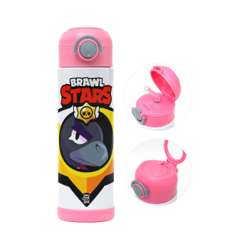 Brawl Stars Crow, Children's hot water bottle, stainless steel, with safety straw, PINK (500ml)