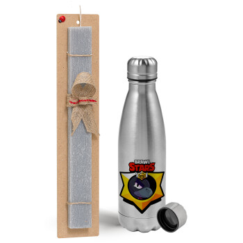 Brawl Stars Crow, Easter Set, metallic Inox water bottle (750ml) & aromatic flat Easter candle (30cm) (GRAY)