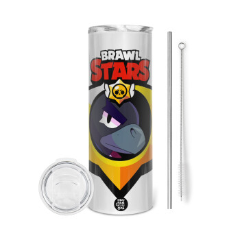 Brawl Stars Crow, Tumbler ποτήρι θερμό από ανοξείδωτο ατσάλι 600ml, με μεταλλικό καλαμάκι & βούρτσα καθαρισμού