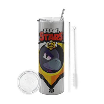Brawl Stars Crow, Eco friendly stainless steel Silver tumbler 600ml, with metal straw & cleaning brush