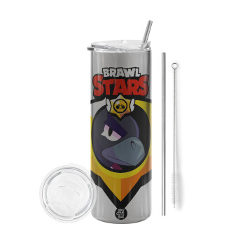 Brawl Stars Crow, Tumbler stainless steel Silver 600ml, with metal straw & cleaning brush