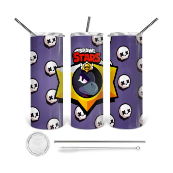 Brawl Stars Crow, Tumbler stainless steel 600ml, with metal straw & cleaning brush