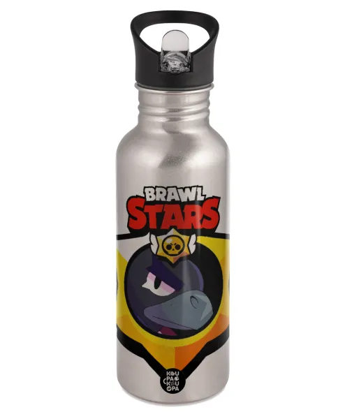 Brawl Stars Crow — Water bottle Silver with straw, stainless steel 600ml