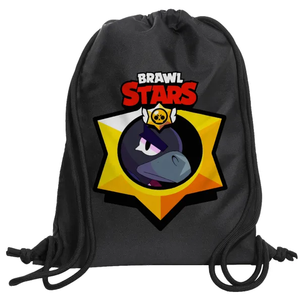 Brawl Stars Crow — Τσάντα πλάτης πουγκί GYMBAG Μαύρη, με τσέπη (40x48cm) & χονδρά κορδόνια