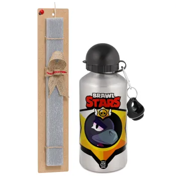 Brawl Stars Crow, Πασχαλινή Λαμπάδα με παγούρι μεταλλικό Ασημένιο αλουμινίου (500ml) & κερί αρωματικό πλακέ (30cm) (ΓΚΡΙ)