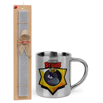 Brawl Stars Crow, Easter Set, metallic thermal cup (300ml) & Easter aromatic flat candle (30cm) (GRAY)