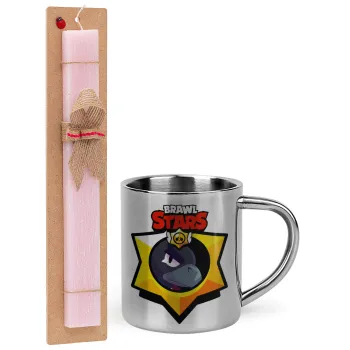 Brawl Stars Crow, Easter Set, metallic thermal cup (300ml) & aromatic flat Easter candle (30cm) (PINK)