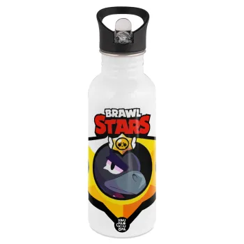 Brawl Stars Crow, White water bottle with straw, stainless steel 600ml