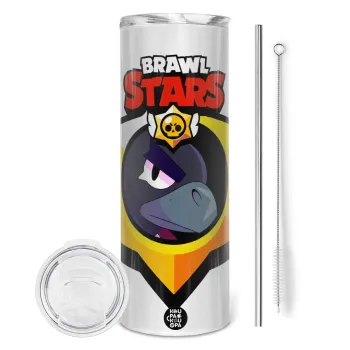 Brawl Stars Crow, Tumbler ποτήρι θερμό από ανοξείδωτο ατσάλι 600ml, με μεταλλικό καλαμάκι & βούρτσα καθαρισμού