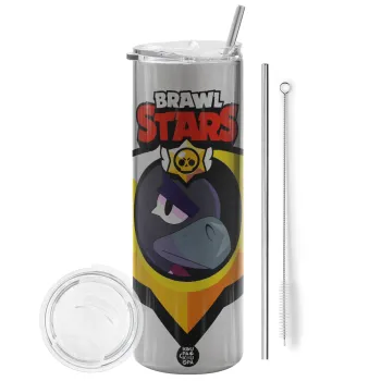 Brawl Stars Crow, Tumbler ποτήρι θερμό Ασημένιο από ανοξείδωτο ατσάλι 600ml, με μεταλλικό καλαμάκι & βούρτσα καθαρισμού