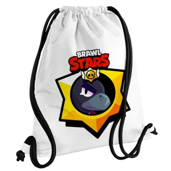 Brawl Stars Crow, Backpack pouch GYMBAG white, with pocket (40x48cm) & thick cords
