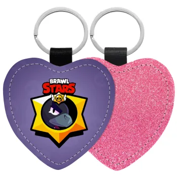 Brawl Stars Crow, Μπρελόκ PU δερμάτινο glitter καρδιά ΡΟΖ