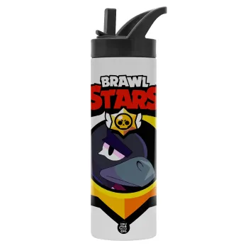 Brawl Stars Crow, Metallic thermos bottle with straw & handle, stainless steel (Stainless steel 304), double-walled, 600ml.