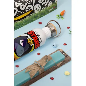 Brawl Stars Crow, Easter Set, metallic silver aluminum water bottle (500ml) & scented flat Easter candle (30cm) (TURQUOISE)