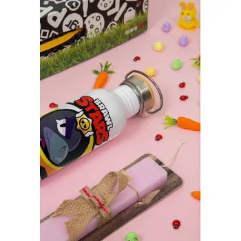 Brawl Stars Crow, Πασχαλινή Λαμπάδα με παγούρι μεταλλικό (620ml, stainless steel) & κερί αρωματικό πλακέ (30cm) (ΡΟΖ)