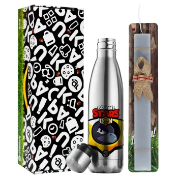 Brawl Stars Crow, Easter Set, metallic stainless thermos flask (500ml) & scented flat Easter candle (30cm) (GRAY)