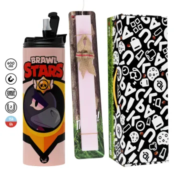 Brawl Stars Crow, Easter candle,Travel Tumbler 2 Lids, with metal straw & cleaning brush & aromatic flat candle (30cm) (PINK)