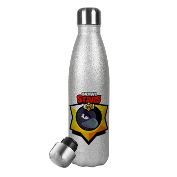 Brawl Stars Crow, Μεταλλικό παγούρι θερμός Glitter Aσημένιο (Stainless steel), διπλού τοιχώματος, 500ml